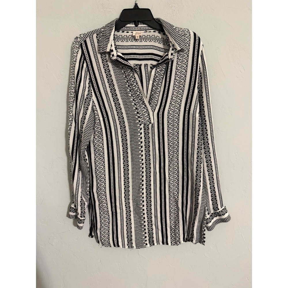 Keep In‎ Touch Black White Geometric Stripe Rayon Tunic Blouse Womens Medium